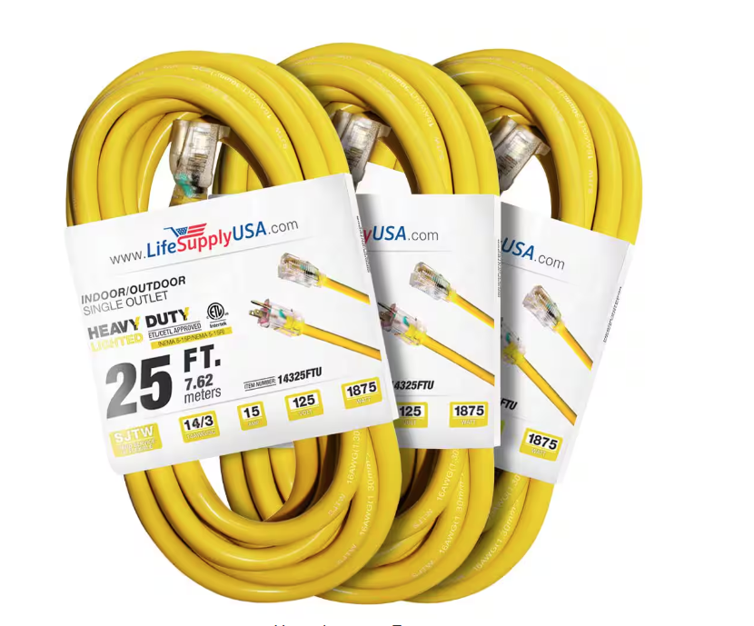 25 ft. 14-Gauge/3-Conductors SJTW 15 Amp Indoor/Outdoor Extension Cord with Lighted End Yellow (3-Pack) - 91012243134