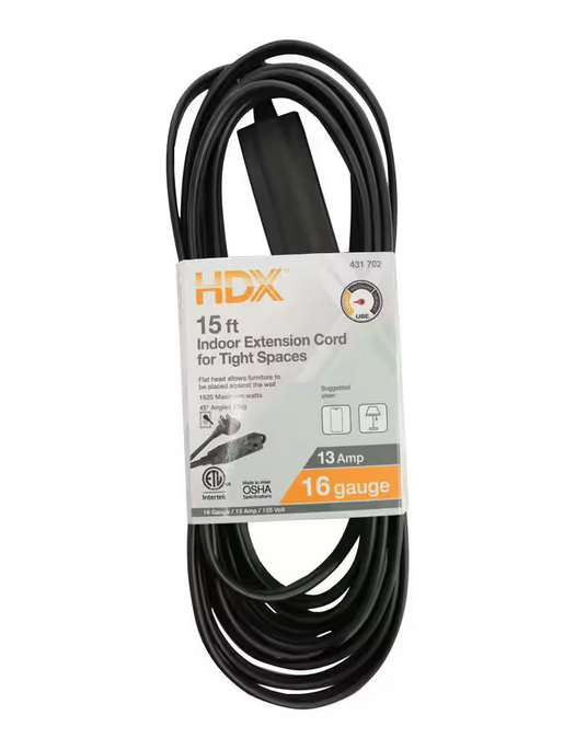 15 ft. 16/3 Light Duty Indoor Tight Space Black Extension Cord with Banana Tap - 9431702