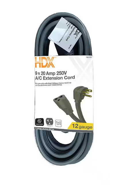 9 ft. 12/3 20 Amp 250-Volt Air Conditioner Extension Cord, Grey - 9188327