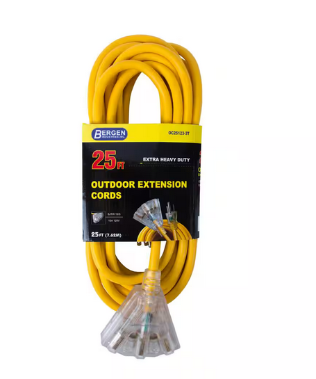 25 ft. 12/3 SJTW 15 Amp/125-Volt Outdoor Triple Tap Extension Cord, Yellow - 91003062681