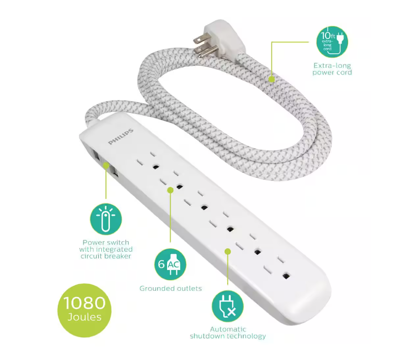 10 ft. 16/3 6-Outlet 1080J Surge Protector Power Strip Extension Cord, White - 91004910435