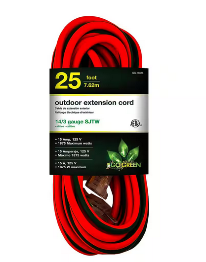 25 ft. 14/3 SJTW Outdoor Extension Cord, Orange with Lighted Green End - 91001271067