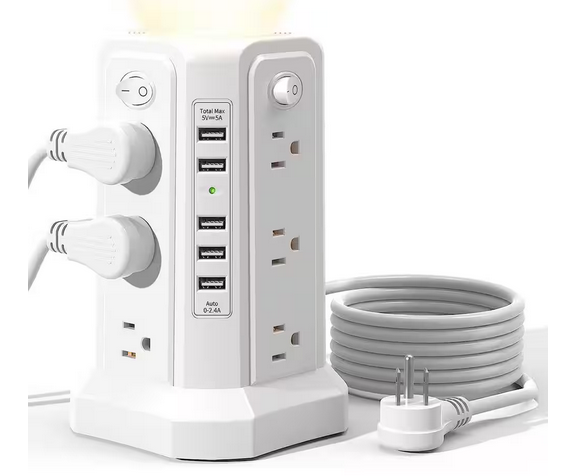 10 ft. 12 AC Outlets with Extension Cord Surge Protector Power Strip Tower with 5 USB Ports and Night Light - White - 91010529840