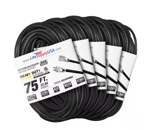 75 ft. 10-Gauge/3-Conductors SJTW Indoor/Outdoor Extension Cord with Lighted End Black (5-Pack) - 91012243747