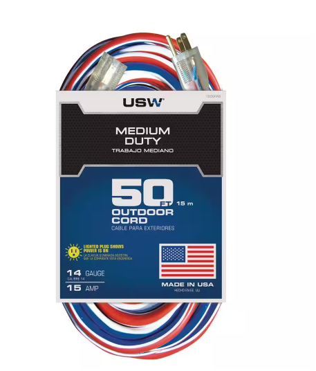 50 ft. 14/3 Medium Duty Indoor/Outdoor Red White and Blue Lighted Extension Cord - 91005209955