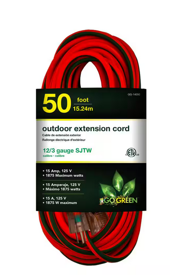 50 ft. 12/3 SJTW Extension Cord - Orange with Lighted Green End - 91001271074