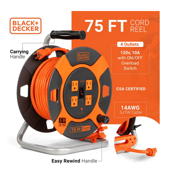 75 ft. 4 Outlets Retractable Extension Cord with 14 AWG SJTW Cable Outdoor Power Cord Reel - 91006218745