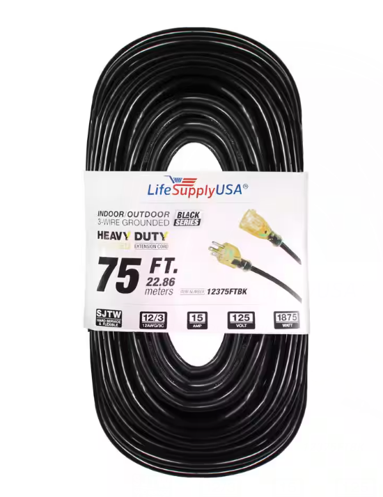 75 ft. 12/3 SJTW 15 Amp 125-Volt 1875-Watt Lighted End Indoor/Outdoor Black Heavy-Duty Extension Cord (2-Pack)