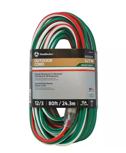 80 ft. 12/3 SJTW Outdoor Heavy-Duty Extension Cord with Power Light Plug, Red/White/Green - 91003564273