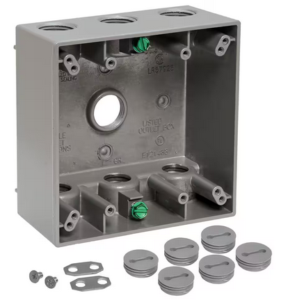 2-Gang Metal Weatherproof Electrical Outlet Box with (7) 3/4 inch Holes, Gray - 91010186377