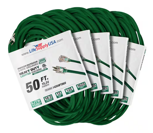 50 ft 14 Gauge/3 Conductors SJTW 15 Amp Indoor/Outdoor Extension Cord with Lighted End Green (5-Pack) - 91012295146