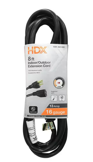 8 ft. 16/3 Light Duty Indoor/Outdoor Extension Cord, Black - 91001363690