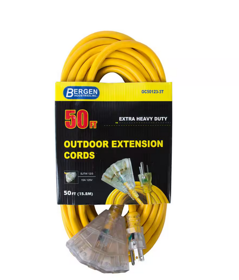 50 ft. 12/3 SJTW 15 Amp/125-Volt Outdoor Triple Tap Extension Cord, Yellow - 91003062678