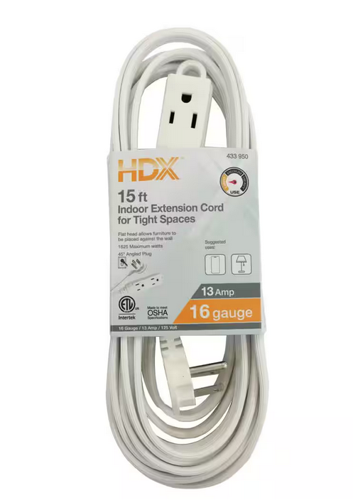 15 ft. 16/3 Light Duty Indoor Tight Space White Extension Cord with Banana Tap - 9433950