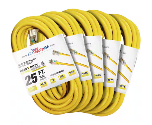 25 ft. 14-Gauge/3-Conductors SJTW 15 Amp Indoor/Outdoor Extension Cord with Lighted End Yellow (5-Pack) - 91012243138