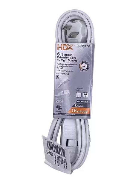 6 ft. 16/2 Light Duty Indoor Tight Space Extension Cord, White - 91002963701