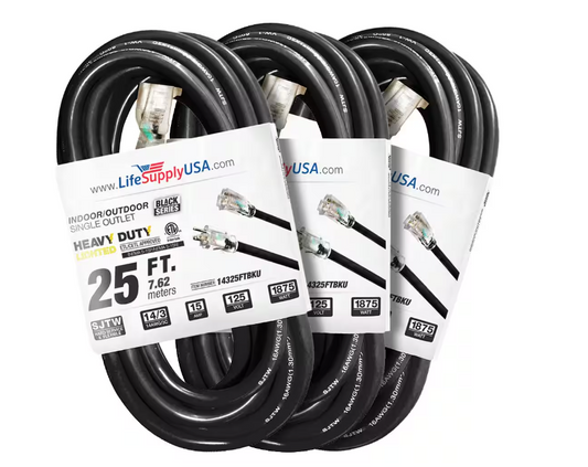 25 ft. 14-Gauge/3-Conductors SJTW 15 Amp Indoor/Outdoor Extension Cord with Lighted End Black (3-Pack) - 91012243824