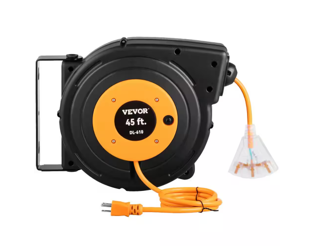 Heavy-Duty 45 ft. 12/3 15 Amp Retractable Extension Cord Reel with 3 Grounded Outlets SJTOW Power Cord Black Finish - 91011411602