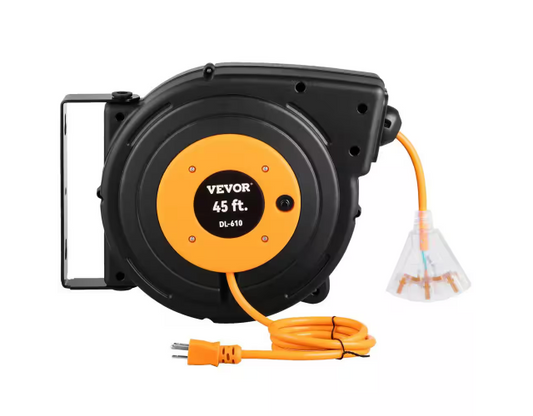 Heavy-Duty 45 ft. 12/3 15 Amp Retractable Extension Cord Reel with 3 Grounded Outlets SJTOW Power Cord Black Finish - 91011411602