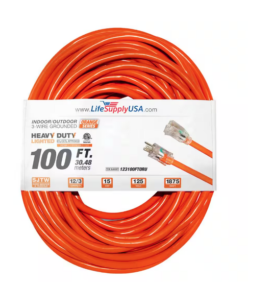 100 ft. 12-Gauge/3 Conductors SJTW Indoor/Outdoor Extension Cord with Lighted End Orange (1-Pack) - 91011696041