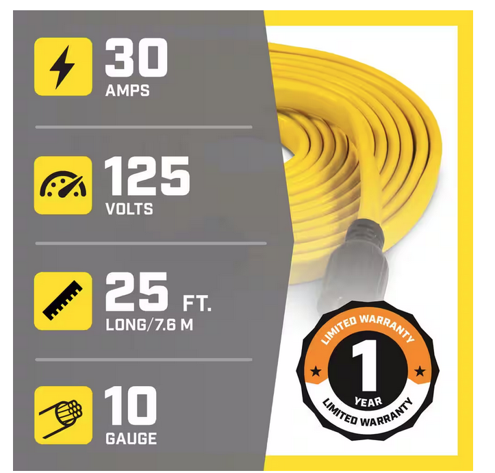 25 ft. 30 Amp 125-Volt Fan-Style Flat Generator Extension Cord - 91003060803