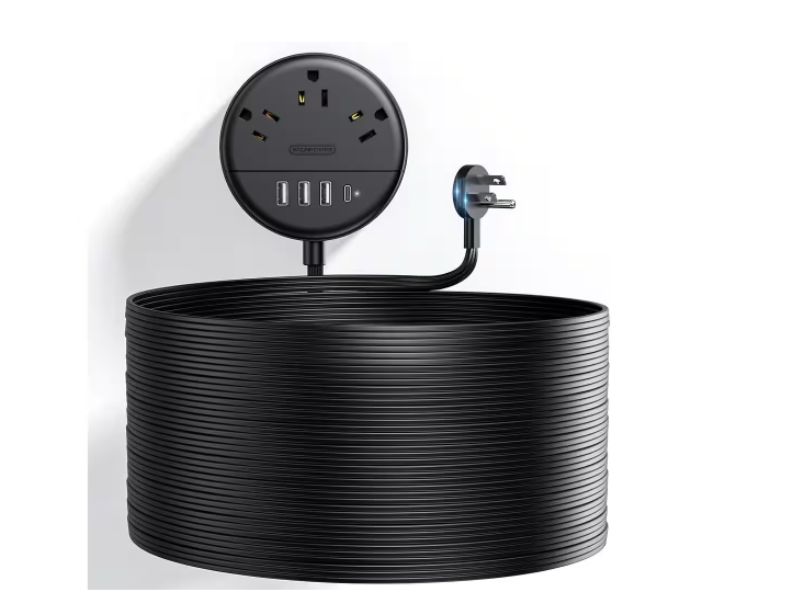 3-Outlet Flat Plug Power Strip and 25 ft. Extension Cord with 4 USB Ports in Black - 91011701720