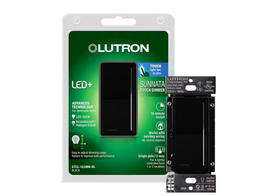 Sunnata Touch Dimmer Switch, for LED and Incandescent Bulbs, 150-Watt LED/3 Way or Multi Location, Black (STCL-153M-BL) - 91007553006