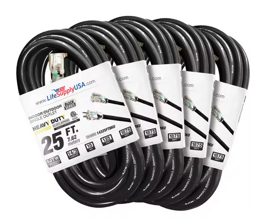 25 ft. 14-Gauge/3-Conductors SJTW 15 Amp Indoor/Outdoor Extension Cord with Lighted End Black (5-Pack) - 91012243828