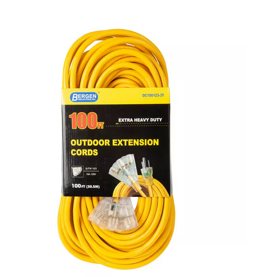 100 ft. 12/3 SJTW 15 Amp/125-Volt Outdoor Triple Tap Extension Cord, Yellow - 91003062676