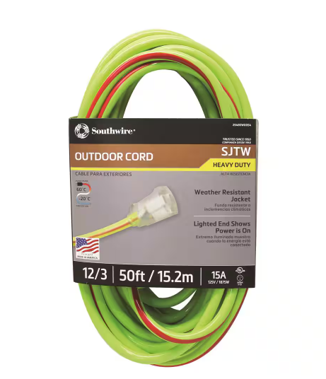 50 ft. 12/3 SJTW Hi-Visbility Multi-Color Outdoor Heavy-Duty Extension Cord with Power Light Plug - 91002932023