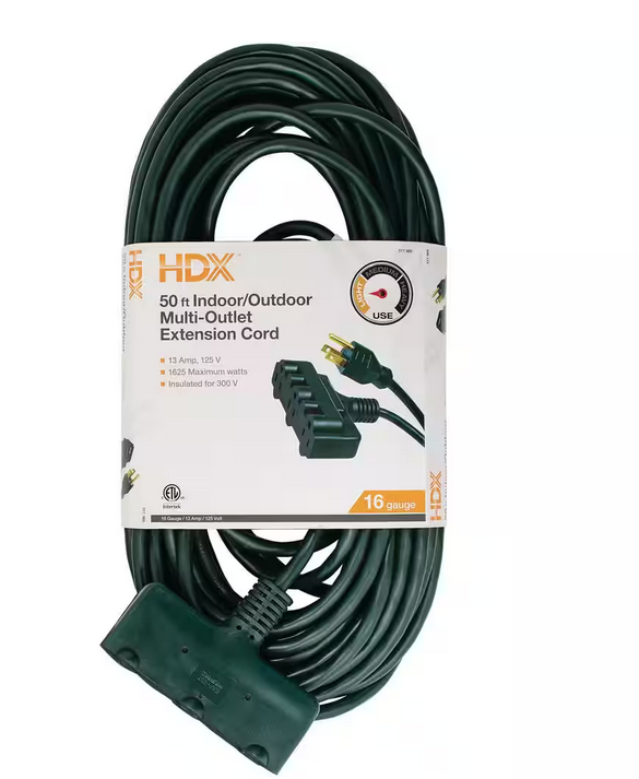 50 ft. 16/3 Light Duty Indoor/Outdoor Landscape Extension Cord with Multiple Outlet Triple Tap End, Green - 9511966