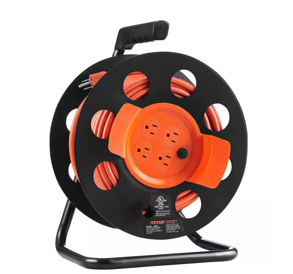 Heavy-Duty 100 ft. 14/4 11 Amp Manual Extension Cord Reel with 4 Outlets, Dust Cover and Portable Handle Circuit Breaker - 91011411604