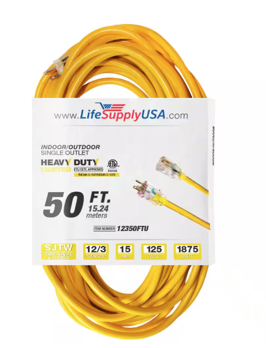 50 ft. 12-Gauge/3 Conductors SJTW Indoor/Outdoor Extension Cord with Lighted End Yellow (1-Pack) - 91011716596