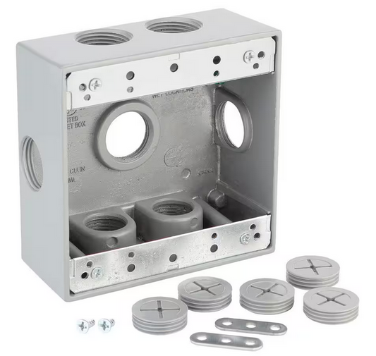 2-Gang Metallic Weatherproof Box with (7) 3/4 in. Holes and Side Lugs, Gray - 9695024