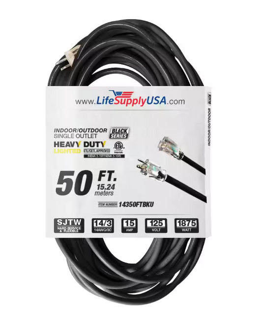 50 ft. 14-Gauge/3 Conductors SJTW 15 Amp Indoor/Outdoor Extension Cord with Lighted End Black (1-Pack) - 91011843066