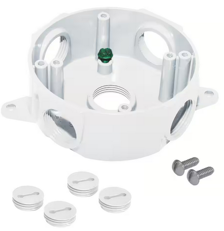 Round Metal Weatherproof Electrical Outlet Box with (5) 1/2 inch Holes, White - 91010179418