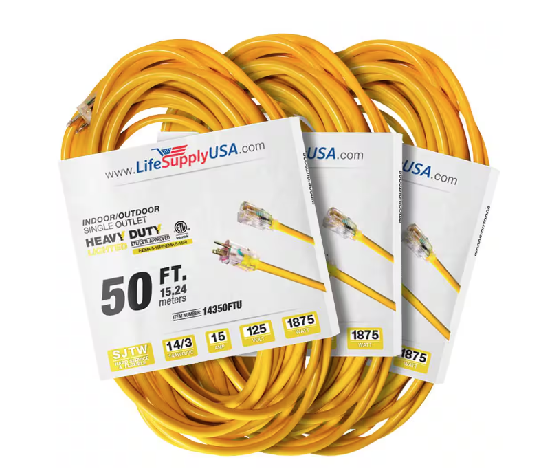 50 ft. 14-Gauge/3-Conductors SJTW 15 Amp Indoor/Outdoor Extension Cord with Lighted End Yellow (3-Pack) - 91012243135