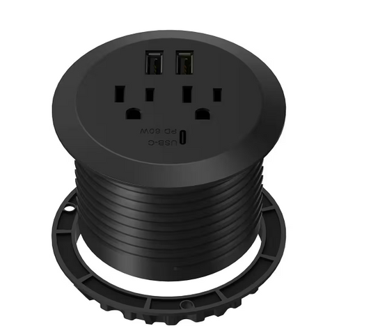 12 Amp 2-Outlets Desktop Grommet, 60-Watt Power Delivery Type C Port, 3-USB Charging Ports, Black - 91009964510