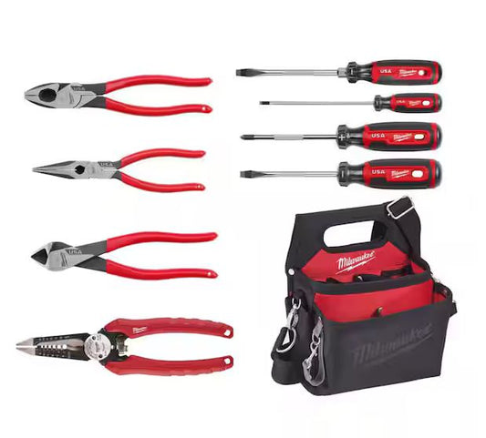 Electricians 9 in. Dipped Grip Lineman's Pliers w/Wire Stripper, Work Pouch, and Screwdriver Tool Set (9 Piece)