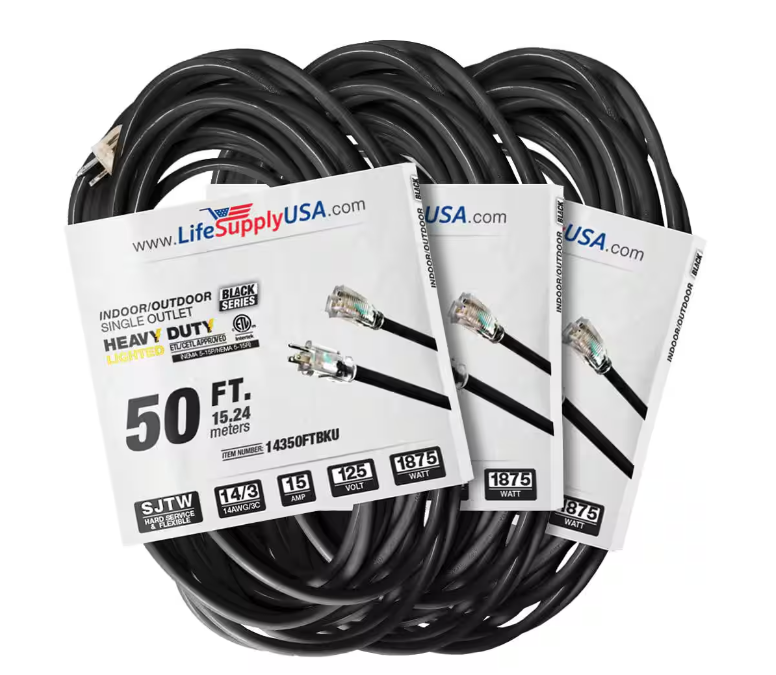 50 ft. 14-Gauge/3-Conductors SJTW 15 Amp Indoor/Outdoor Extension Cord with Lighted End Black (3-Pack) - 91012243825