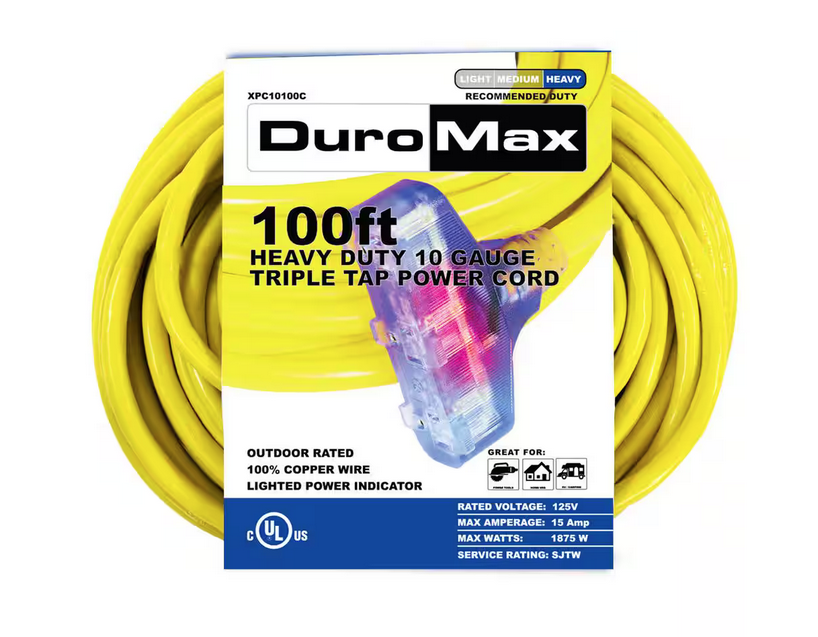 100 ft. 10 Gauge Portable Generator Triple Tap Extension Power Cord - 91002671845