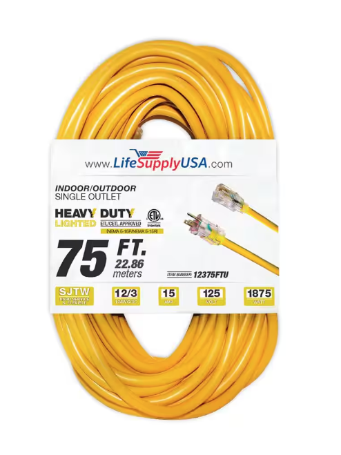 75 ft. 12-Gauge/3 Conductors SJTW Indoor/Outdoor Extension Cord with Lighted End Yellow (1-Pack) - 91011696033