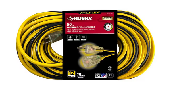 VividFlex 50 ft. 12/3 Heavy Duty Indoor/Outdoor Extension Cord with Lighted End, Yellow - 91009175245