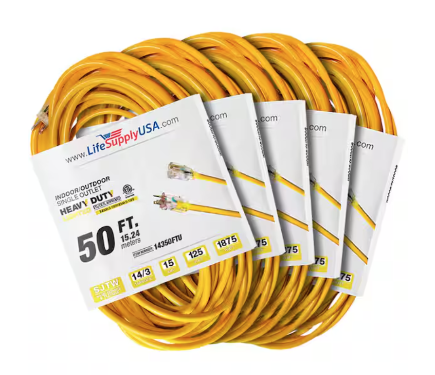 50 ft. 14-Gauge/3-Conductors SJTW 15 Amp Indoor/Outdoor Extension Cord with Lighted End Yellow (5-Pack) - 91012246805