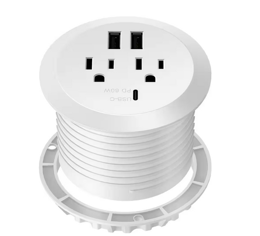 12 Amp 2-Outlets Desktop Grommet, 60-Watt Power Delivery Type C Port, 3-USB Charging Ports, White