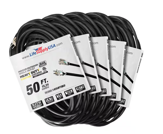 50 ft. 14-Gauge/3-Conductors SJTW 15 Amp Indoor/Outdoor Extension Cord with Lighted End Black (5-Pack) - 91012243829