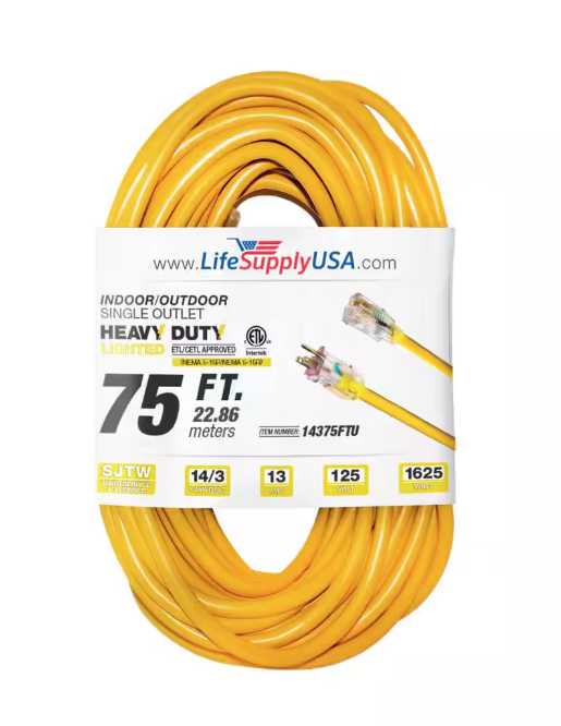 75 ft. 14-Gauge/3 Conductors SJTW 13 Amp Indoor/Outdoor Extension Cord with Lighted End Yellow (1-Pack) - 91011843073