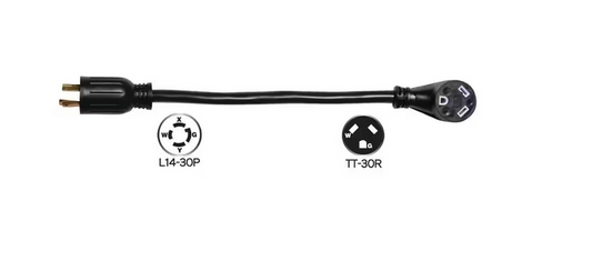 Locking 30 Amp Plug (L14-30P) to Right Angle 30 Amp Receptacle (TT-30R) RV Adapter - 91003058409