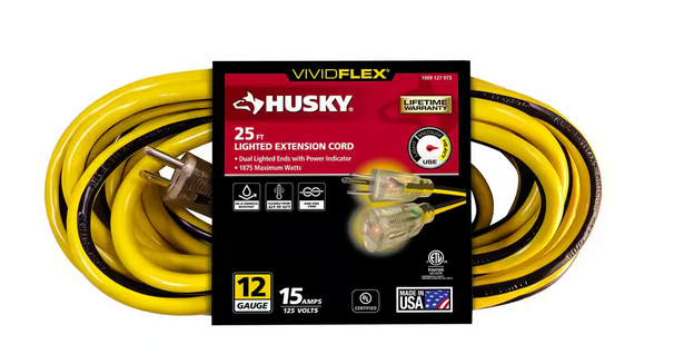 VividFlex 25 ft. 12/3 Heavy Duty Indoor/Outdoor Extension Cord with Lighted End, Yellow - 91009127973