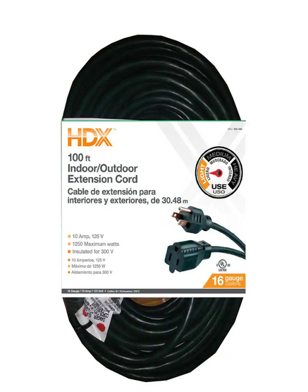 100 ft. 16/3 Indoor/Outdoor Extension Cord, Green - 9860496